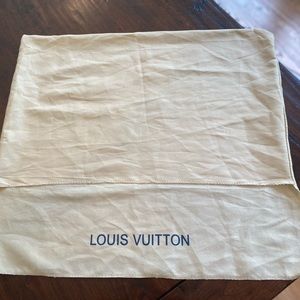 Large Luis Vuitton Duster. Off White/Navy blue words. 19" (13" folded) by 22"